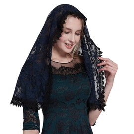 YHDDYG - Velo católico de encaje Mantilla católica Velo de capilla católica de masa rosa velo de encaje latino S97, Velo azul marino, Talla única