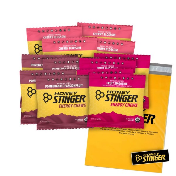 Honey Stinger Organic Energy Chews – Variety Pack – 12 Count – 4 of Each Flavor – Chewy Gummy Energy Source for Any Activity – Cherry Blossom, Fruit Smoothie & Pomegranate Passionfruit – Plus Sticker