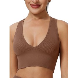 Longline Deep V Neck Sports Bra for Women Ribbed Crop Tank Top Full Back Removable Pads Wirefree Medium Support Yoga Bra, Copper Brown, Medium