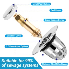 Sink Plug Sink Strainer Drain Plug Copper Core ABS Housing Chrome Plated Pop Up Design Bathroom Kitchen (30-46mm) (Silver)