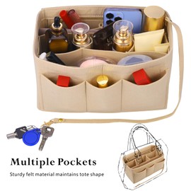 Fentar Tote Bag Organiser Insert, Felt Handbag Organiser Insert with Multiple Compartments and Zips, Tote Bag Insert, Sturdy Bag Organiser with Key Chain for Tote Bag (L, Beige)