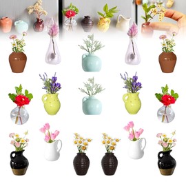 3D Ceramic Mini Vase Magnets for Refrigerator - Waterproof Magnetic Flower Pots with Ultra-Strong Hold, Vibrant Flowers Holder for Kitchen Office Cabinets(Without Flowers) (16PCS)