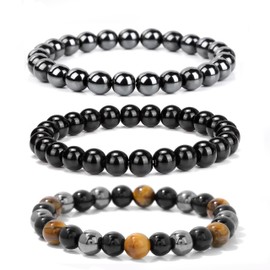 Crgwxzl 3pcs Triple Protection Bracelet, Genuine Tigers Eye Black Obsidian and Hematite 8mm Beads Bracelet for Men Women, Crystal Jewelry Stone Bracelets Christmas Gifts for Men Bring Luck Prosperity
