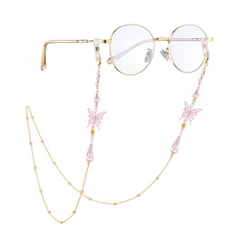 Butterfly Glasses Chain Holder - Adjustable Pink Fairy Eyewear Retainer Strap with Pink Beads, Stylish Eyeglass Chain for Women Preventing Glasses Loss During