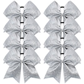 DEEKA 8PCS Silver Stripes Glitter Cheer Bows with Iridescent Rhinestones Large 8" Competition Cheer Hair Bows Elastic Band Ponytail Holder for Cheerleader Girls Softball Football Sports (Silver)