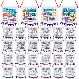 Buryeah 24 Pcs Religious Sunday School Crafts for Kids Christian Color Your Own Jesus Loves Me Banners Pom DIY Coloring Christian Crafts Jesus Loves Me Crafts for Activity Supplies