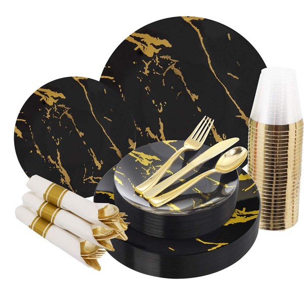 bUCLA 30Guests New Year Plates - Black And Gold Plastic Plates With Disposable Prewrapped Silverware Bulk And Gold Cups- Marble Design Disposable Plastic Dinnerware-Ideal For Weddings And Parties