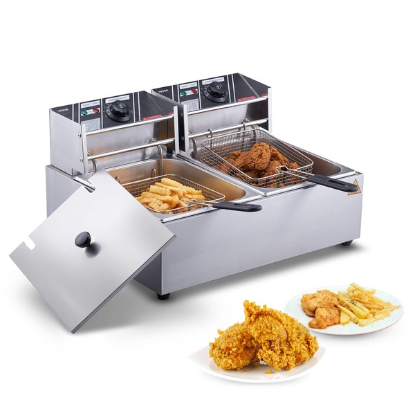VEVOR Commercial Deep Fryer Electric, 24L Large Capacity Countertop Fryer with Dual Removable Basket and Lid, 3000W Stainless Steel Dual Deep Fryers for Kitchen, Restaurant and Commercial Use, Silver