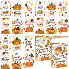 60 Pcs Happy Thanksgiving Paper Tags with String Fall Maple Leaf Pumpkin Candy Bag Gift Tags Stickers Wrapping Labels Hanging Craft for Autumn Harvest Holiday Party Supplies
