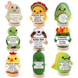 UNCLEM 9PCS Mini Emotional Support Nuggets Positive Crochet Animals Set Potato Pickle Dumpster Fire Turtle Taco Chicken Birthday Gifts for Women Men Him Her Coworker Friend Desk Decor