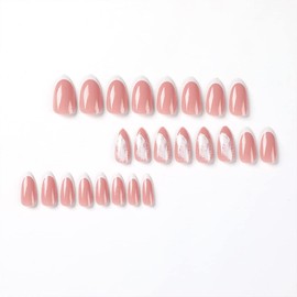 Medium Almond White French Nails for Sticking, KXAMELIE Press on Nails with Leather Designs, Acrylic Artificial Nails for Women and Girls, Daily Use, Pack of 24