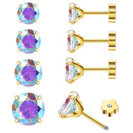 Enticera 4Pairs AB CZ Earrings Studs 14K Gold Flat Back Cubic Zirconia Earrings for Helix Cartilage Piercing Hypoallergenic Screw Back Nap Earrings Handmade Earrings for Women Multiple Piercin Gold6-9