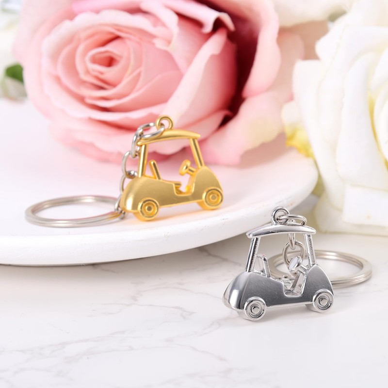 2pcs Golf Cart Keychain, Zinc Alloy Golf Keychain Silver Gold