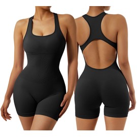 RXRXCOCO Ribbed Jumpsuit Women's Tight Tank Backless Padded Jumpsuit Tummy Control Short Yoga Sports One-Piece Romper, black