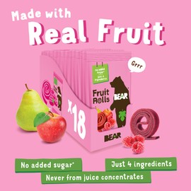 BEAR Real Fruit Snack Rolls - Gluten Free, Vegan, and Non-GMO - Raspberry – Healthy School And Lunch Snacks For Kids And Adults, 0.7 Ounce (Pack of 18)