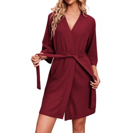 Ekouaer Womens Waffle Knit Robe Christmas Waffle Knit Lounge Robe Lightweight Short Bathrobe