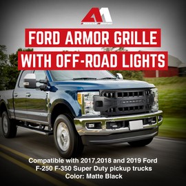 AMERICAN MODIFIED Armor Grille ABS Plastic Heavy Duty Accessory Compatible with 2017 to 2019 Ford F250/350 with Off-Road Lights, Matte Black