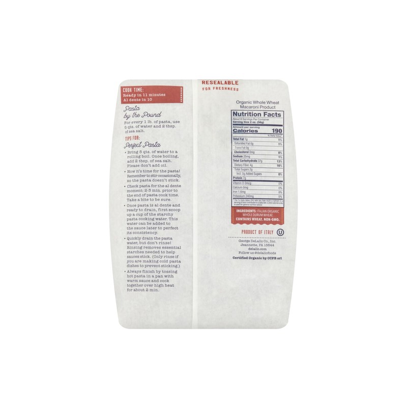 DeLallo Whole Wheat Pasta Shells, 1 Pound Bag, 7 Pack,