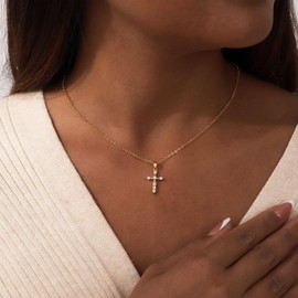 LEXODY Cross Necklace for Women, 14K Gold Plated Dainty Small Cubic Zirconia Cross Pendant Necklace Simple Trendy Gold Diamond Choker Faith Jewelry Religious Minimalist Gift