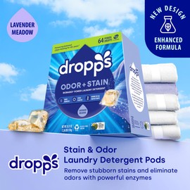 Dropps Odor & Stain Biobased Power Laundry Detergent Pods, Lavender Meadow (64 Count) - HE Compatible Laundry Pods for Fresh Clothes - Washing Detergent Soap Supplies & Recyclable Paperboard Packaging