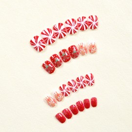 Christmas Press on Nails Short Square Fake Nails Christmas Stripe Cane Candy False Nail Tips Full Cover Glue on Nails Christmas Red Nails Winter Stick on Nails for Women Manicure, 24Pcs