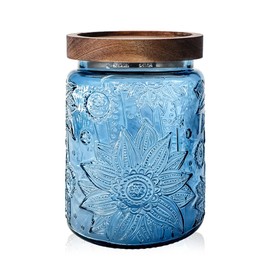 Glass Jar with Airtight Wood Lid – 24 OZ Vintage Storage Canister for Kitchen Pantry Bathroom, Decorative Beautiful Container for Candy, Sugar, Coffee, Cookie, Tea, Salt, Treat, Snack, Blue Sunflower