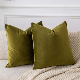 JUSPURBET Olive Green Velvet Throw Pillow Covers 14x14 Inches Set of 2 with Zipper,Decorative Soft Solid Pillow Covers for Couch Bed Sofa