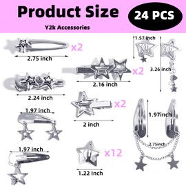 24pcs Y2K Star Hair Clips - Cute Silver Snap Clips for Women, Star Shaped Hair Accessories, Ideal for Emo, Grunge, Punk & 2000s Fashion