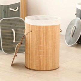 Wood Foldable Laundry Basket Collapsible Laundry Hamper with Lid Built in Lining Dirty Clothes Storage Basket (1.0 Original Color Round)