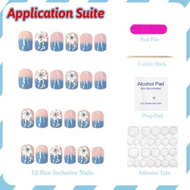 French Tip Press on Nails Short Square Flower Fake Nails Blue False Nails with White Hibiscus Glitter Rhinestones Designs Glossy Glue on Nails Acrylic Nails for Women Girls 24Pcs