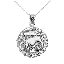 925 Sterling Silver Taurus May Zodiac Sign Round Pendant Necklace 18"