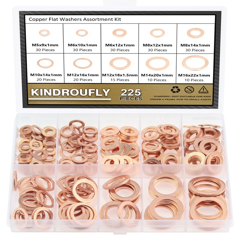 225 Pieces Copper Metric Flat Washers, Sealing Washers, Kindroufly 10