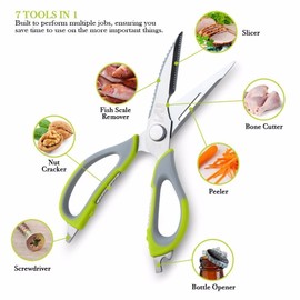 Multifunction Kitchen Food Scissors, Detachable Stainless Steel Heavy Duty Culinary Scissors, 7-in-1 Household Shears with Magnetic Holder, for Cut Poultry Meat Bone Vegetables Fruit Seafood (green)