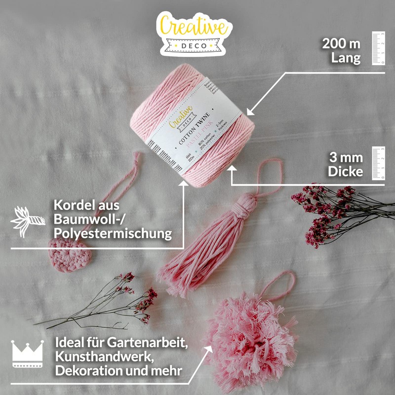 Creative Deco 200 m Pastel Pink Macrame Yarn Cotton Polyester