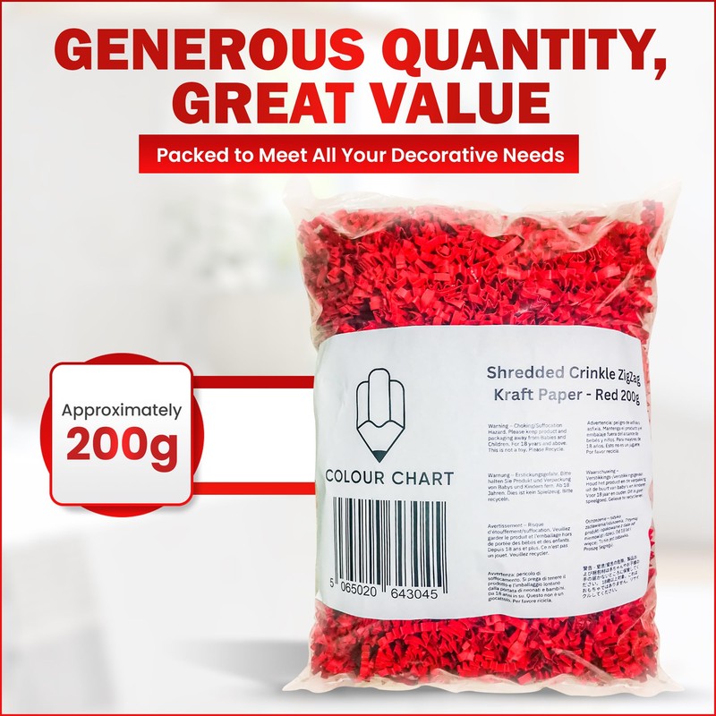 Shredded Crinkle ZigZag Kraft Paper, 200g, Red, for Gift Box