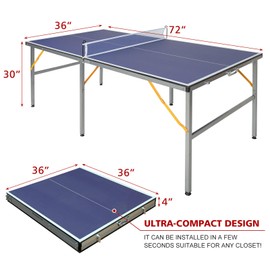 AOKUNG Mid-Size Table Tennis Table Foldable & Portable 6ft Ping Pong Table Set, 2 ping-Pong Bats and 3 Balls, Available Indoors and Outdoors