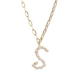 Initial S Pearls Necklace for Women Large Big Letter Necklace - Paperclip Chain Alphabet Pendant Necklace Jewelry Gift