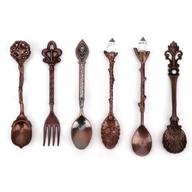 6 Pcs/Set Vintage Carved Coffee Spoons Teaspoons Retro Zinc Alloy Dessert Coffee Table Tableware Spoon Cutlery Kitchen (Red Bronze)
