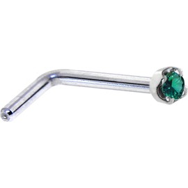 Body Candy Solid 14k White Gold 1.5mm (0.015 cttw) Genuine Green Diamond LShaped Nose Stud Ring 18 Gauge 1/4"