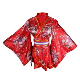 ZNLFS Japanese Kimono Robe for Women Anime Cosplay Costume Dance Yukata Silk Bathrobe, red