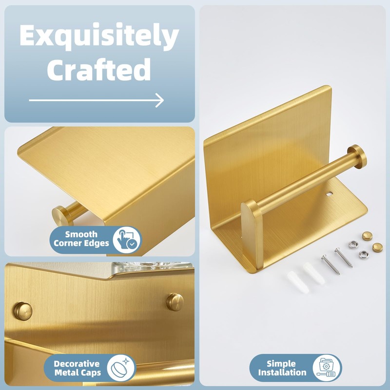 APLusee Brushed Gold Toilet Paper Holder with Shelf, 304 Stainless