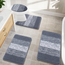 Bsmathom Bathroom Rugs Sets 4 Piece with Toilet Cover, Plush Shaggy Microfiber Non Slip Bath Rugs, Machine Washable Bathroom Mat with U-Shaped Contour Toilet Mat Shower, Dark Grey