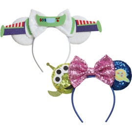 FACHPINT Toystory Mouse Headband 2pcs for Alien Ears/Buzz Ears Theme Parks, Cool Adult Mouse Ears for Photo Props, Sequin Alien Headband for Girl Boy
