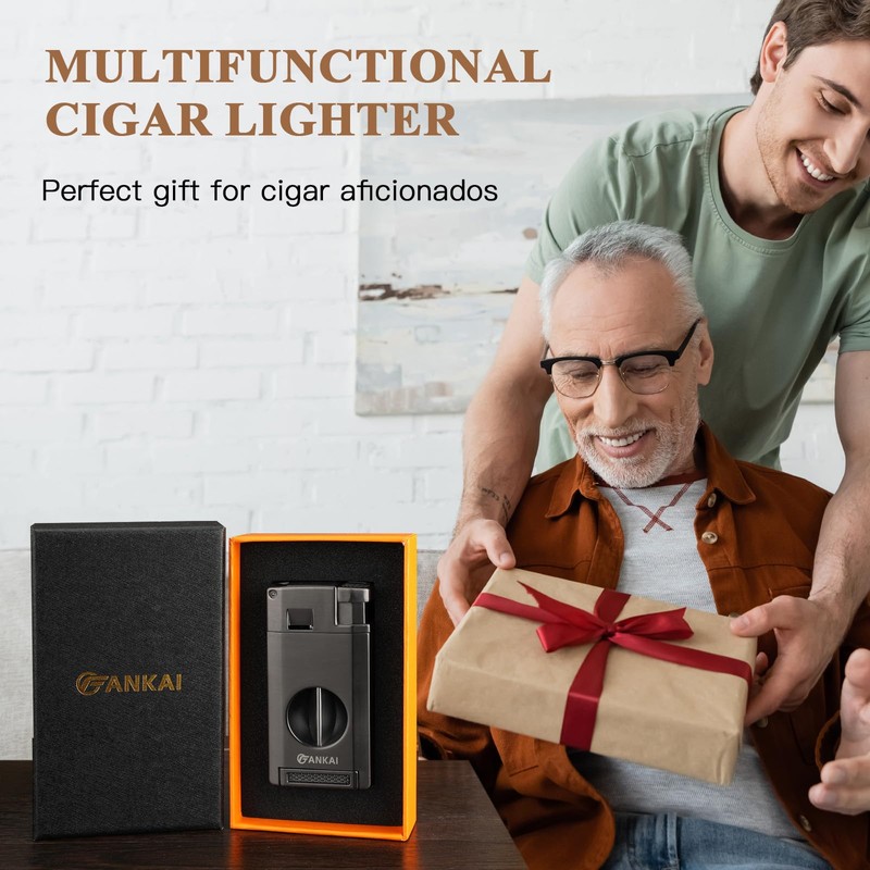 FANKAI Cigar Lighter with Cigar Cutter V Cut, Torch Lighter