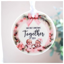 First Christmas Together 2024 Hanging Decoration. Blush Pink Gingerbread Wreath. White Ceramic Ornament for Family or Couple. Xmas Tree Keepsake Bauble