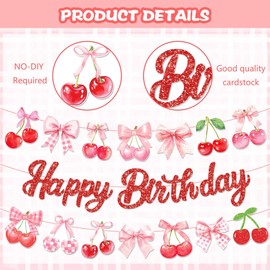 Cherry Happy Birthday Banner, Party Sign Decorations, Pink Bow Girl Boy Theme Supplies, Cherries Bday Kids 1st First Decor