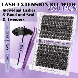 B&Q Kit de Extensión de Pestañas 280pcs Kit de D Curl con Lash Bond and Seal y Herramienta Aplicadora de Pestañas (KIT,40D+50D-0.07D-9-16MIX)