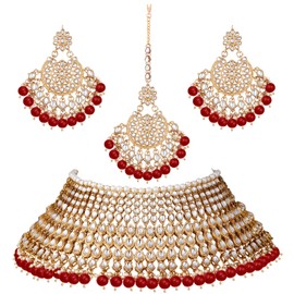 Aheli Wedding Designer Faux Kundan Indian Bridal Necklace with Maang Tikka Set Ethnic Traditional Jewelry Gift for Women Maroon