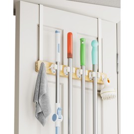 BS-VOG Over the Door Broom Holder, Mop and Broom Holder Door Mount, Hanging Organizer with 4 Racks & 2 Hooks, Wooden Hanger Storage Decor, Laundry Tool Organizer for Closet Garage, No Drills