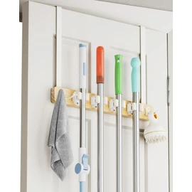BS-VOG Over the Door Broom Holder, Mop and Broom Holder Door Mount, Hanging Organizer with 4 Racks & 2 Hooks, Wooden Hanger Storage Decor, Laundry Tool Organizer for Closet Garage, No Drills